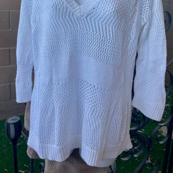 Cache Open Weave See Through Deep V Front & Back Cotton Blend Sweater Top LG - Picture 5 of 13